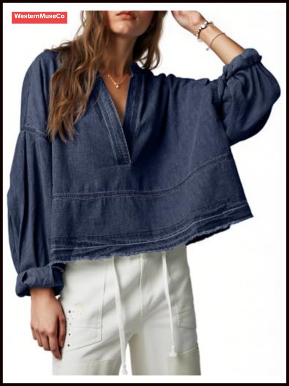 Womens 100% Cotton Denim Pullover V Neck Puff Long Sleeve Top